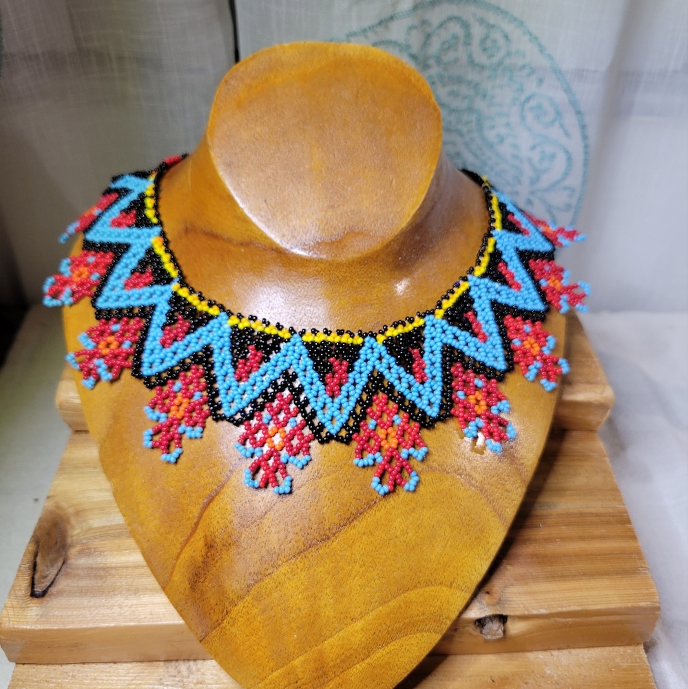 Huichol Beaded Choker Handmade in Mexico Red, Green, Blue, Orange Seed Beads